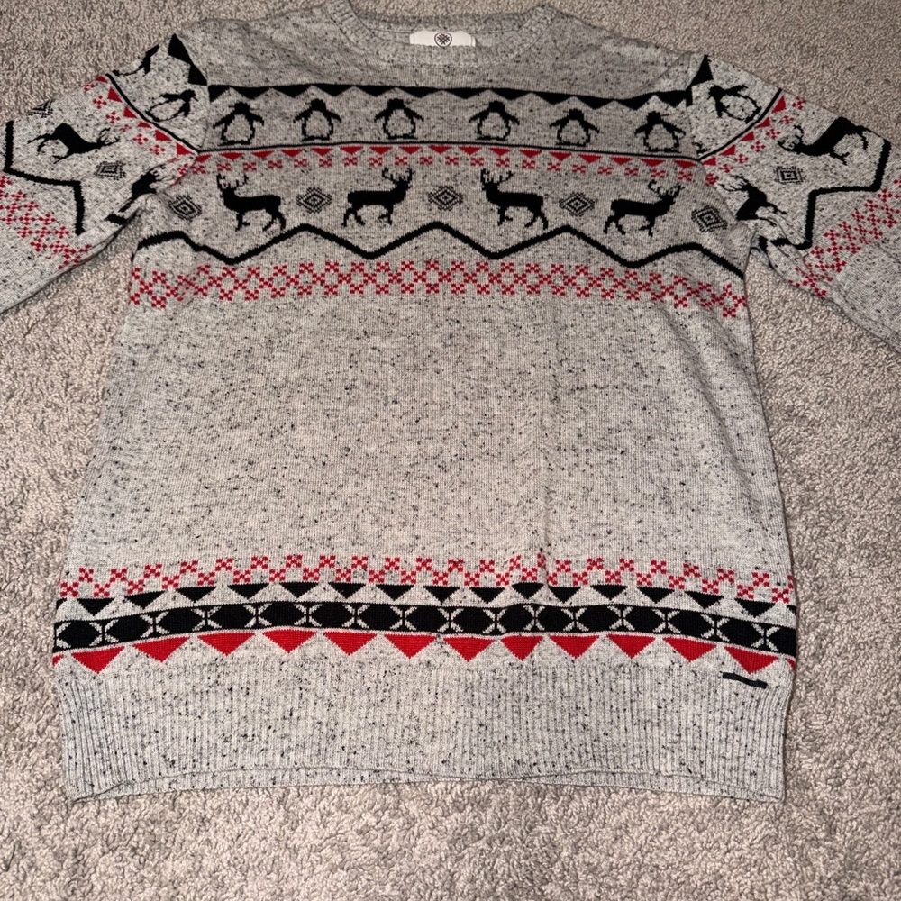 On the Byas Gray and Red Patterned Crewneck Sweater